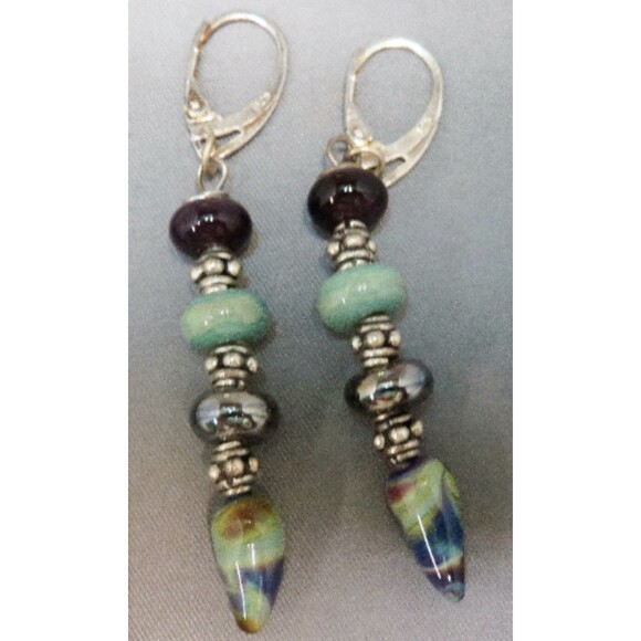 925 Silver Elegant dangles of olive grey, silver & blue green swirled earrings ! - Picture 3 of 3